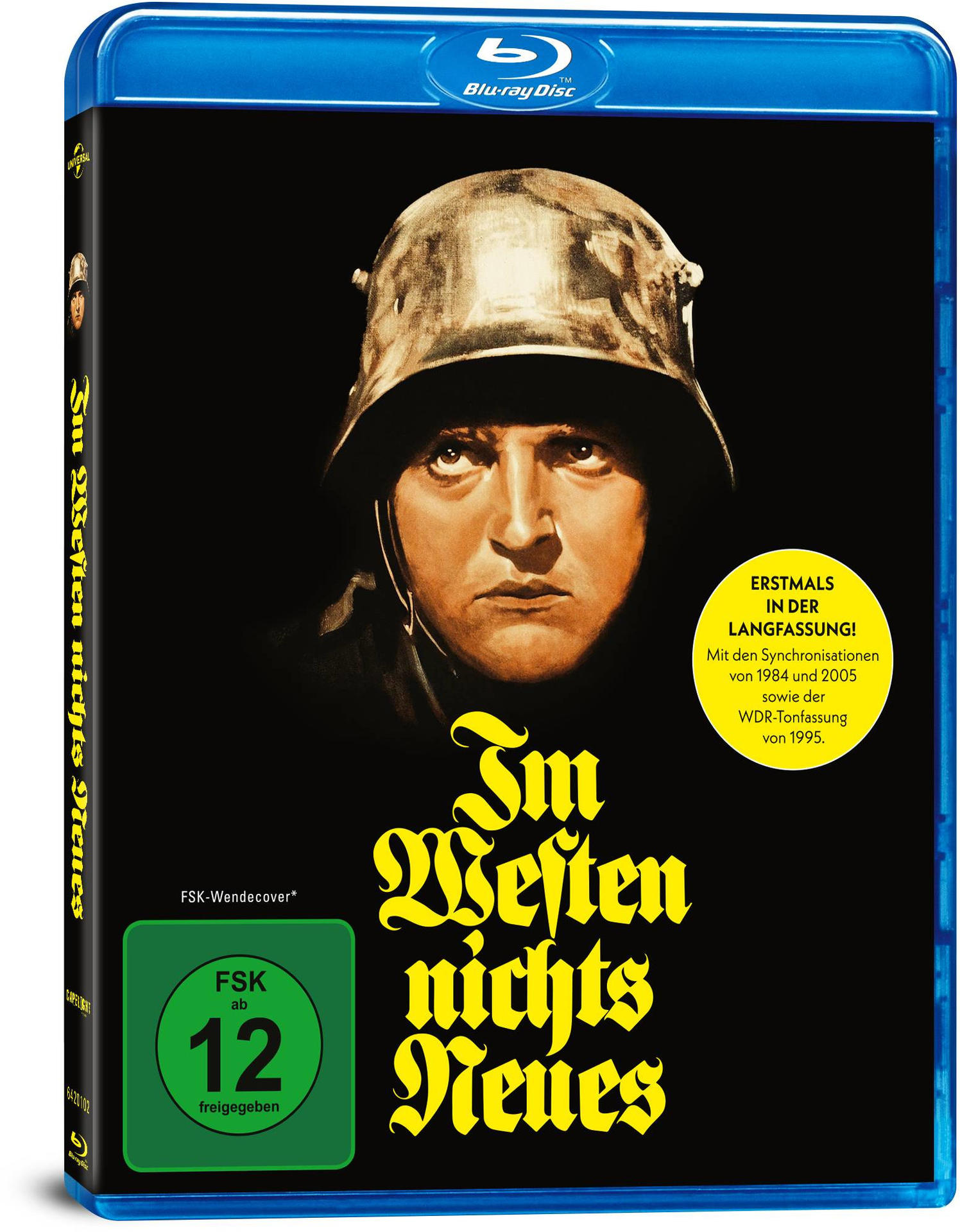 Blu-ray-Disc-Hülle. Titel auf Deutsch: „Im Westen nichts Neues“. Bild eines Mannes mit Helm auf dem Cover.