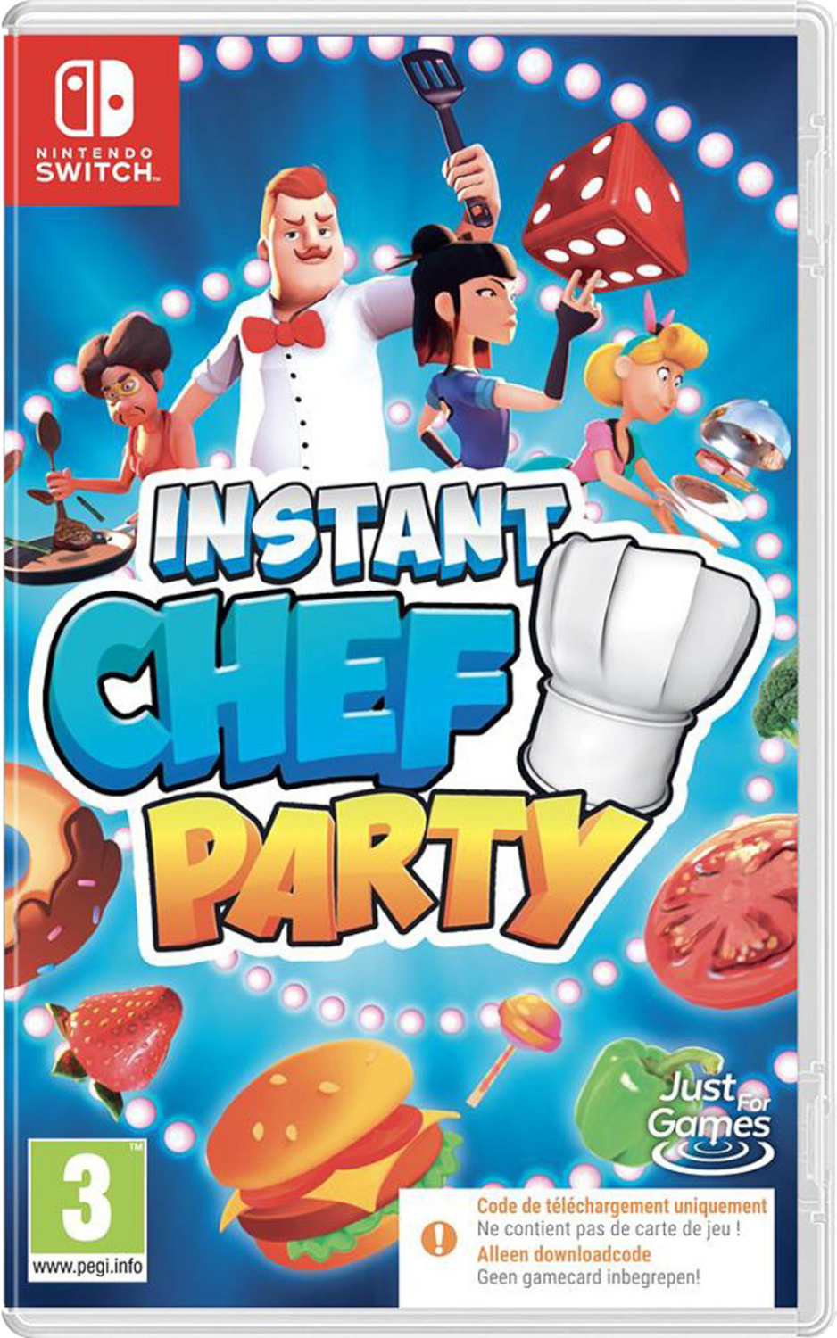 Boîte de jeu Instant Chef Party avec personnages, nourriture et titre du jeu.