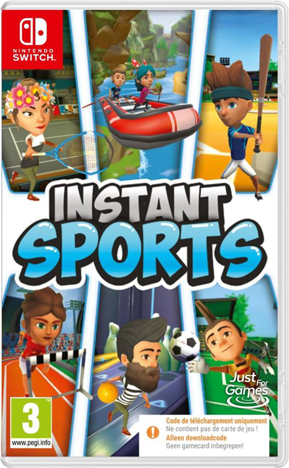 Nintendo Switch-gamebox, Instant Sports, met stripfiguren die sporten.
