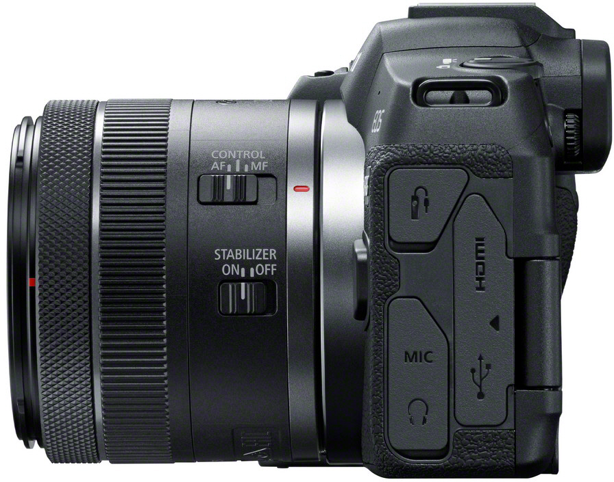 Seitenansicht einer Canon EOS Kamera. Objektiv angebracht. Bedienelemente an der Seite, einschließlich Stabilisator und HDMI-Anschluss.