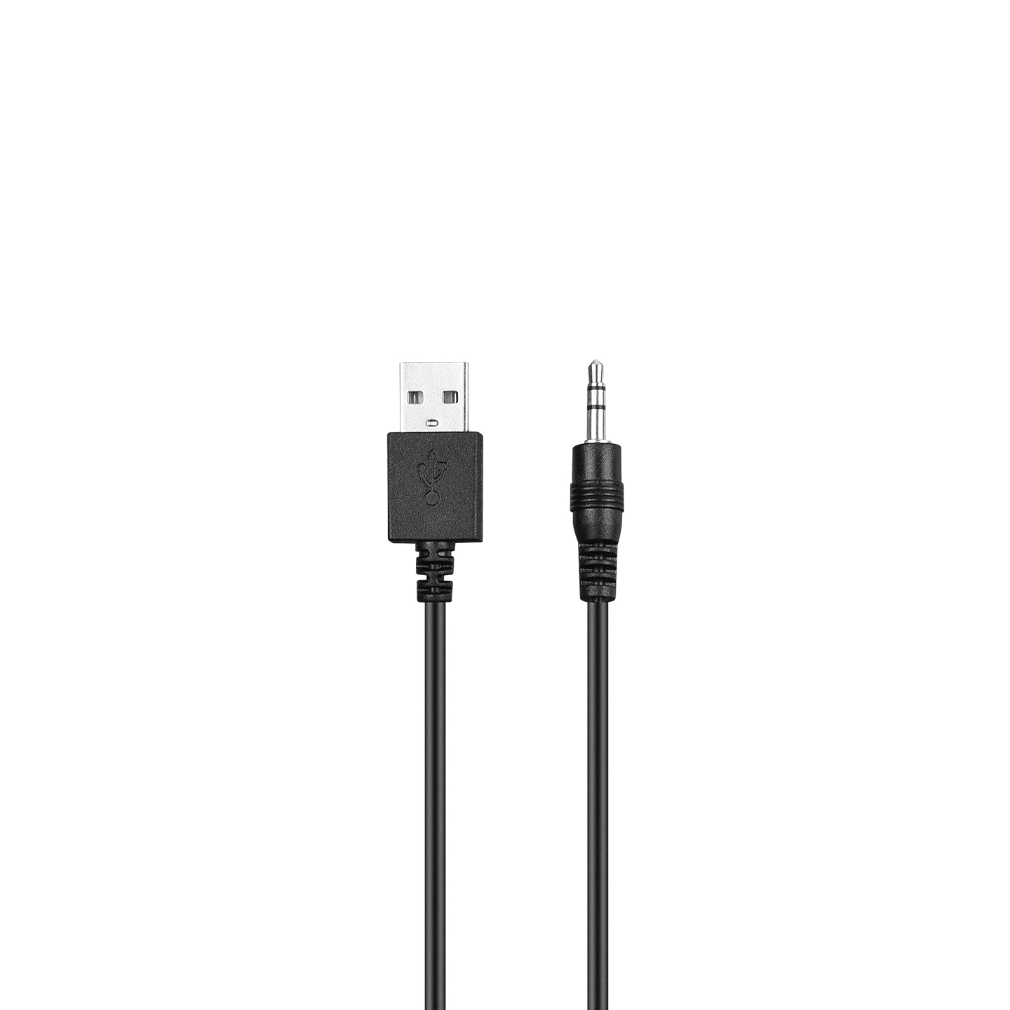 Beyaz bir arka plan üzerinde siyah bir USB - 3,5 mm ses kablosu.
