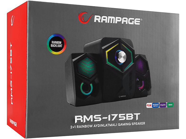 RAMPAGE RMS-175BT 2+1 5W*2 Bluetooth+USB-TF-FM Rainbow Aydınlatmalı Gaming Speaker Hoparlör Siyah_7