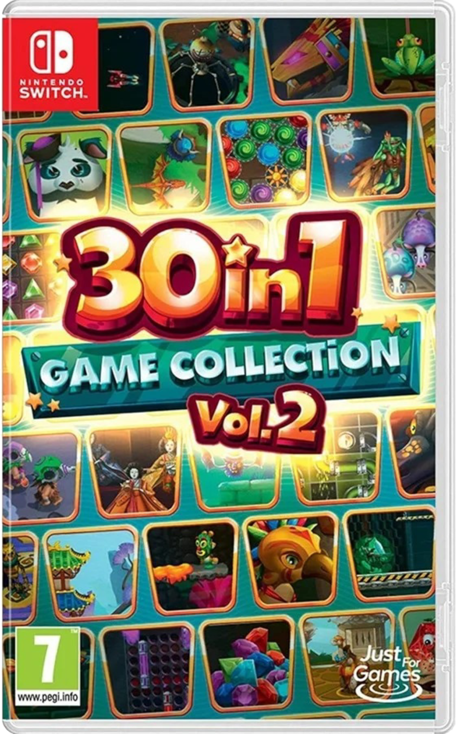 Nintendo Switch-gamecase. De cover toont een collage van kleurrijke game-afbeeldingen met de titel "30 in 1".