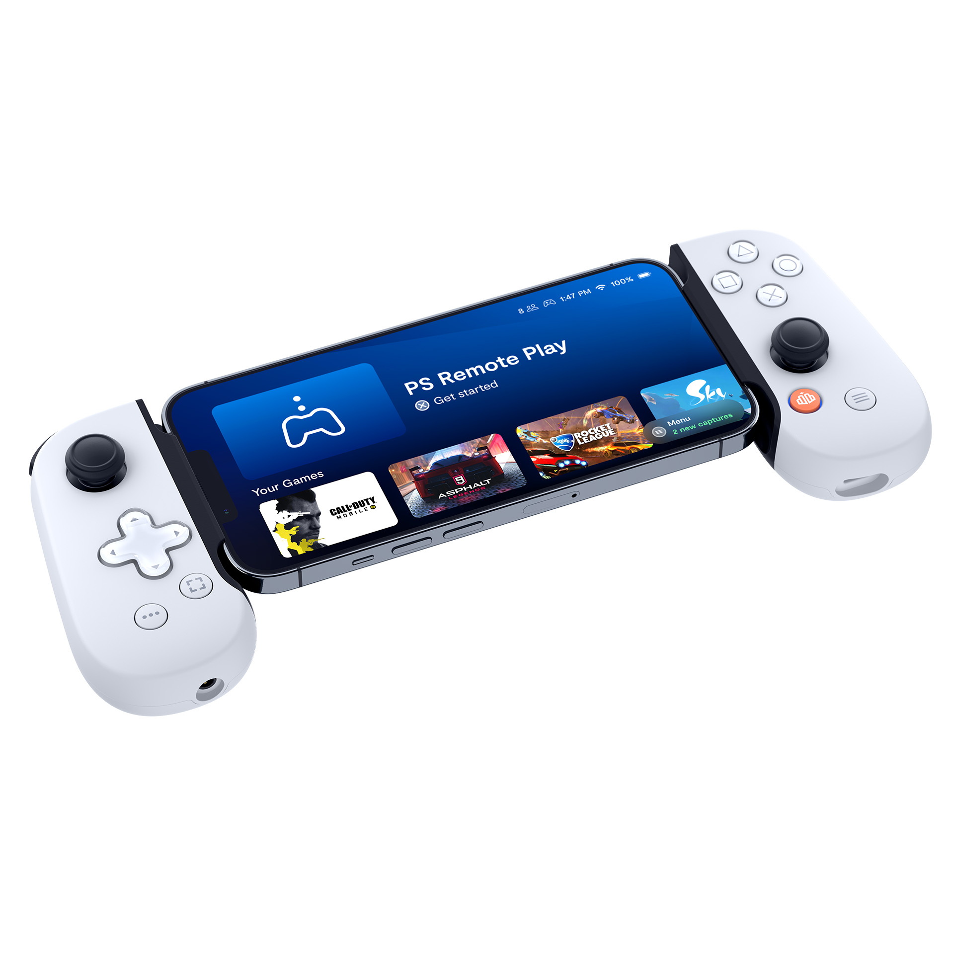 Weißer Gaming-Controller, der ein Telefon mit Spieloberfläche hält.