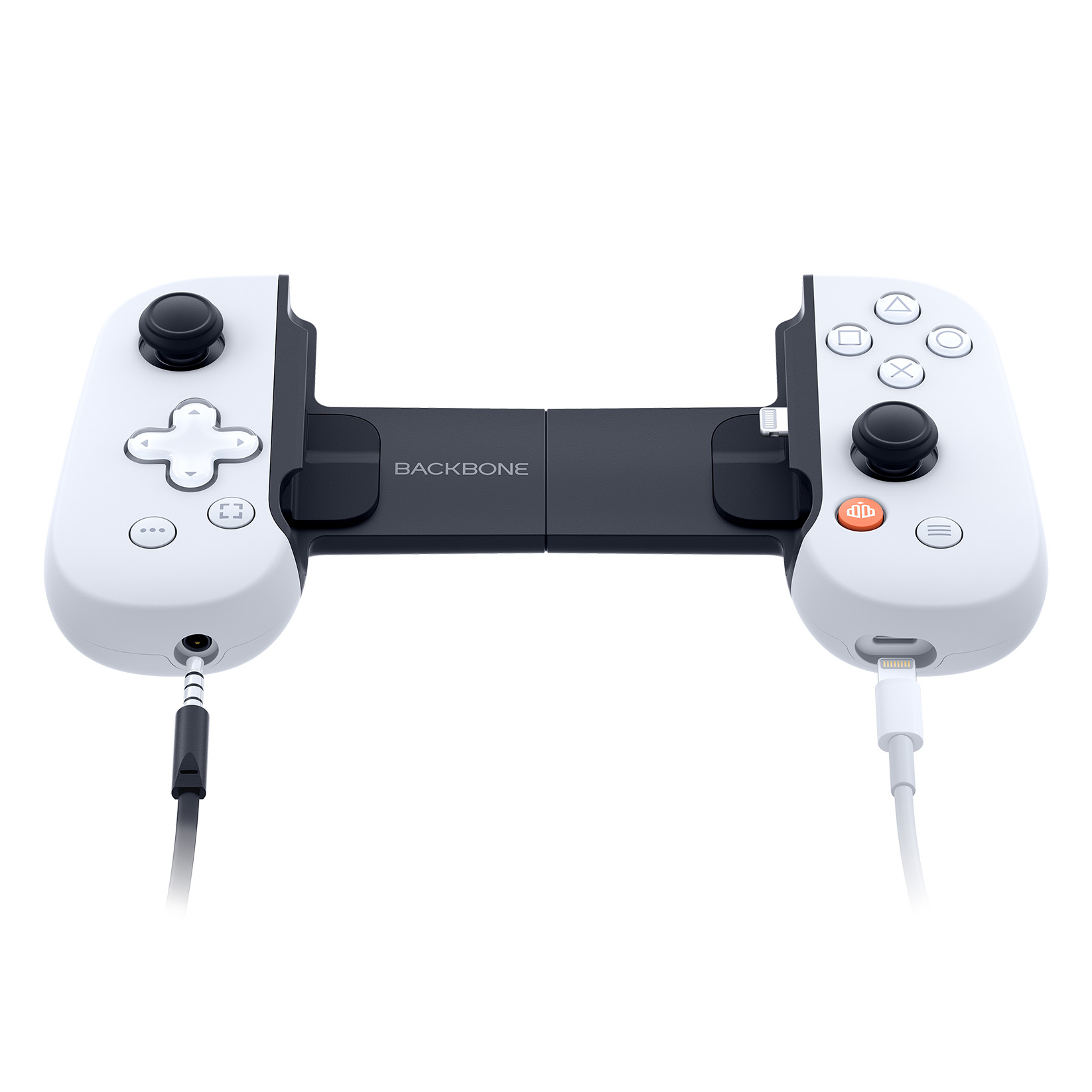 Weißer Backbone-Controller. Er hat Knöpfe und einen Ladeanschluss auf jeder Seite, verbunden durch eine schwarze Mitte.