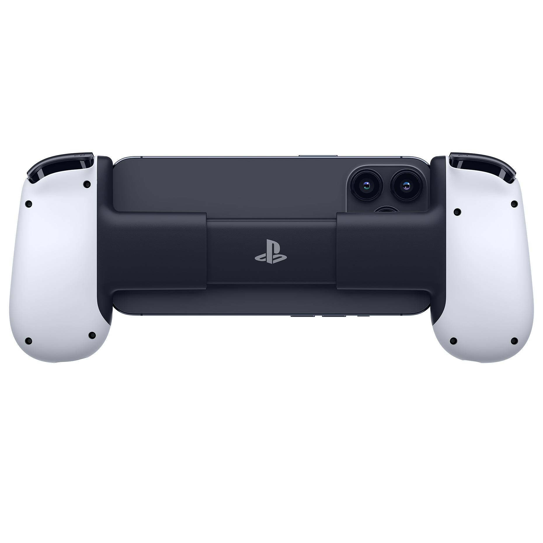 Ein schwarz-weißes Gaming-Zubehör. Es hält ein Telefon und hat Knöpfe. Playstation-Logo sichtbar.