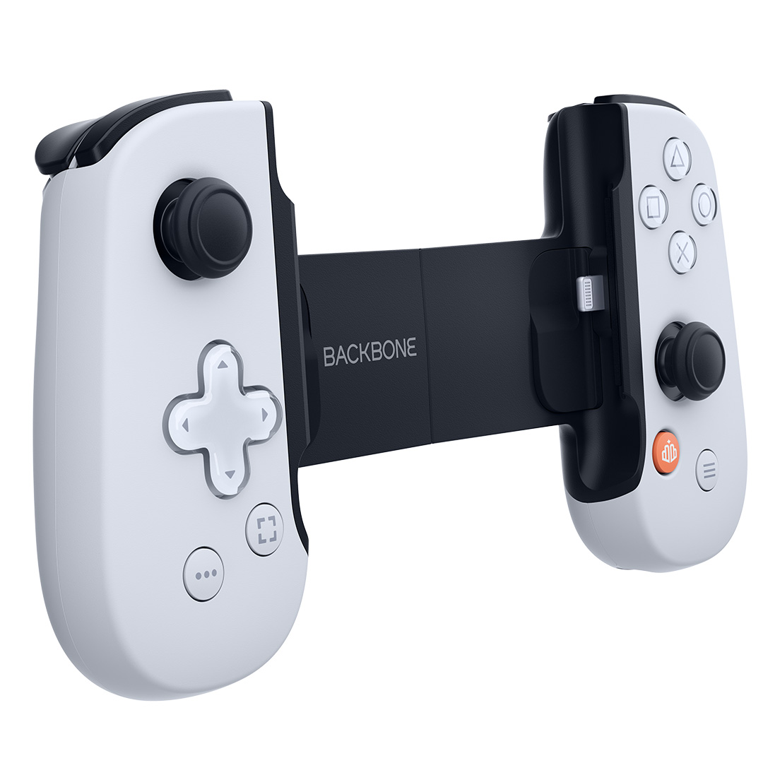 Weiß-schwarzer Backbone-Gaming-Controller mit Tasten und einer Telefonhalterung.