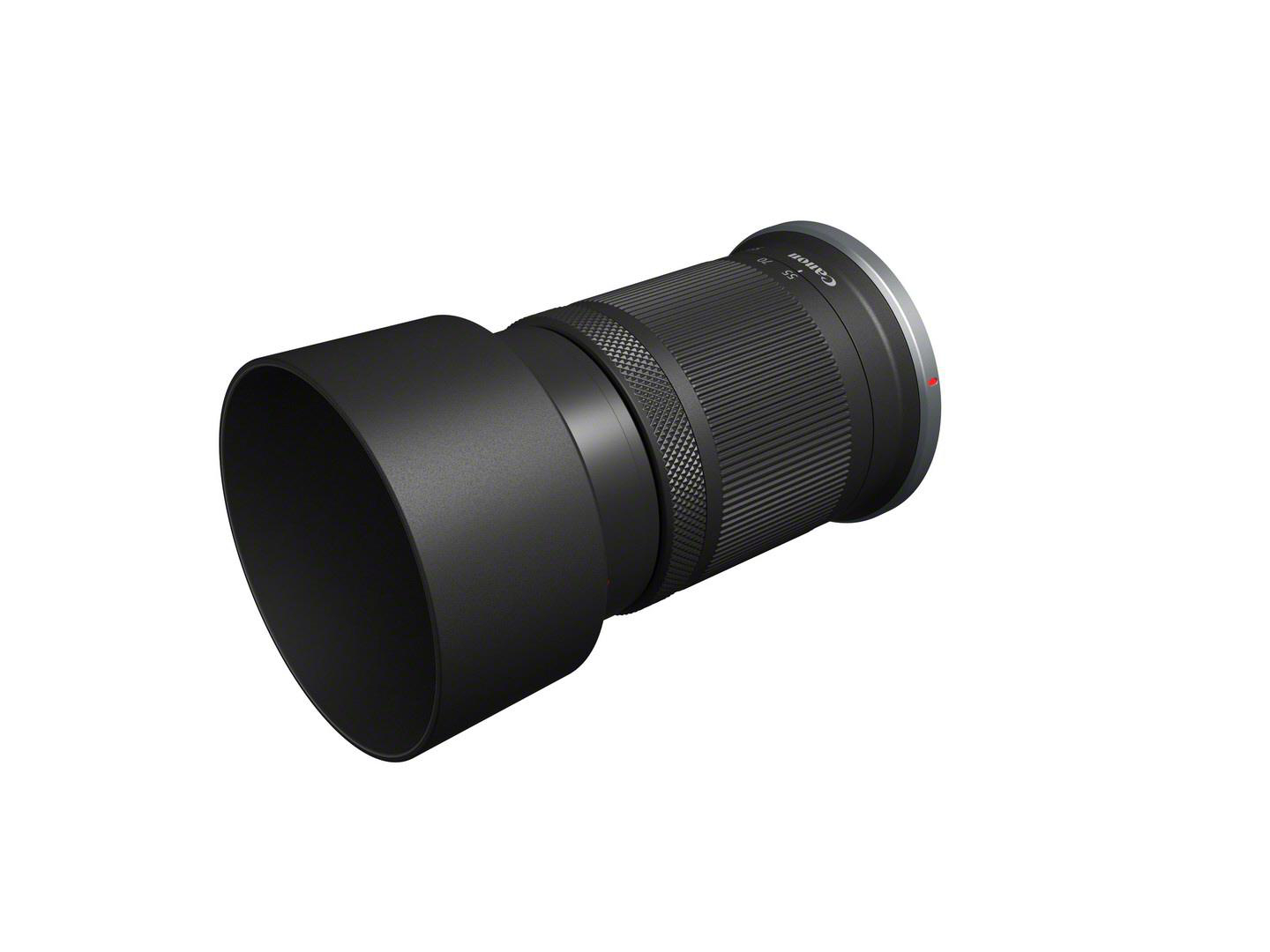 Ein schwarzes Canon-Objektiv mit Gegenlichtblende, isoliert auf Weiß.