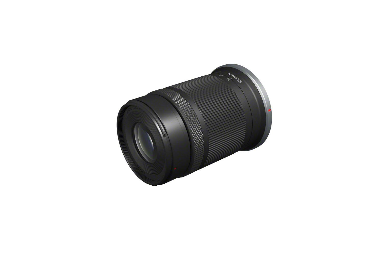 Ein schwarzes Objektiv mit silbernem Ring und dem Canon-Logo, aufgenommen vor weißem Hintergrund.