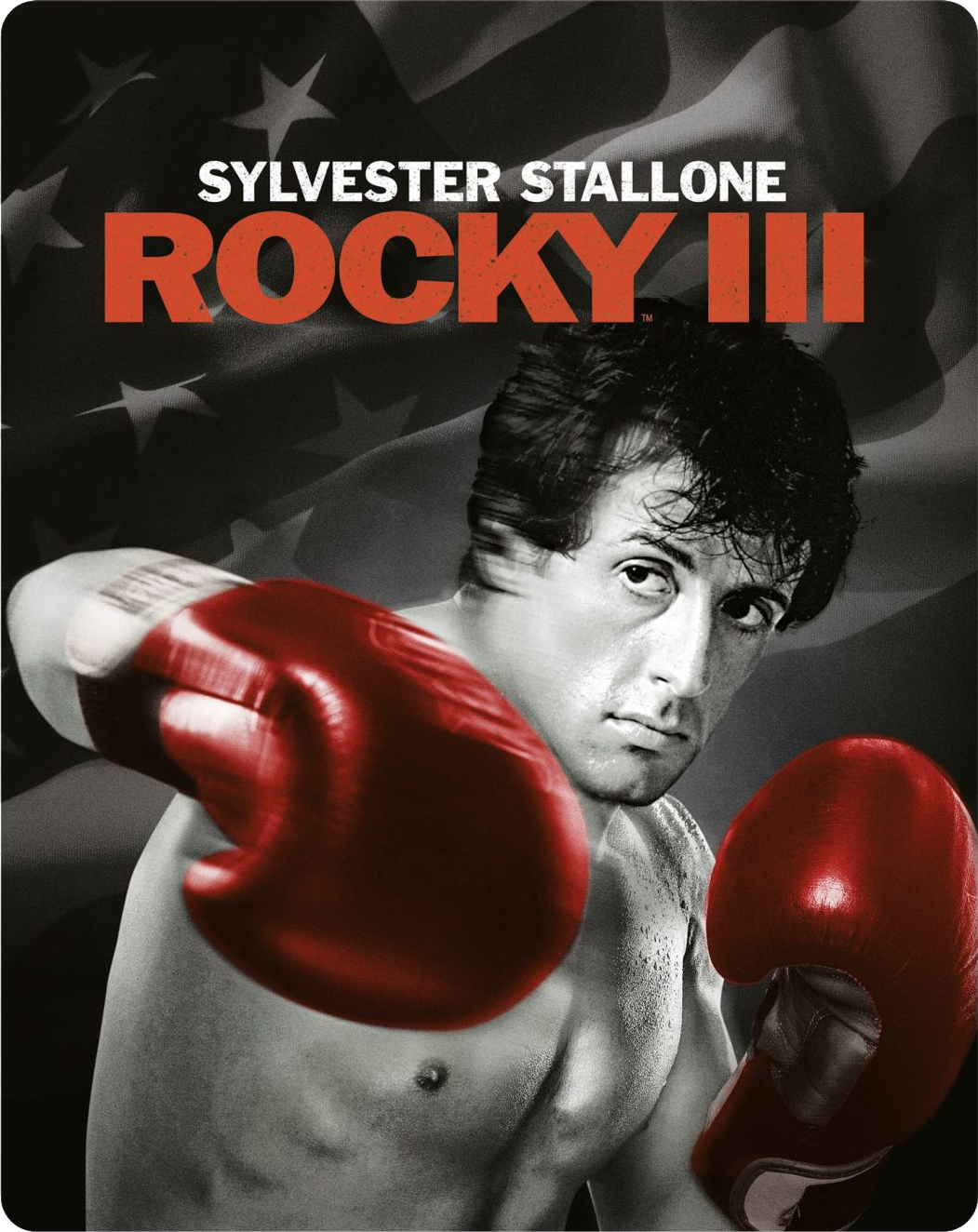 Filmposter van Rocky III met Sylvester Stallone met bokshandschoenen en de Amerikaanse vlag.