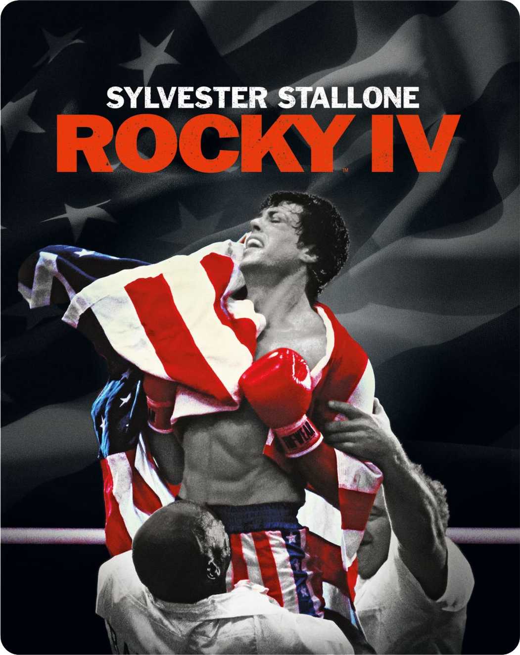 Affiche du film Rocky IV. Sylvester Stallone tient un drapeau américain, avec des gants et un short.