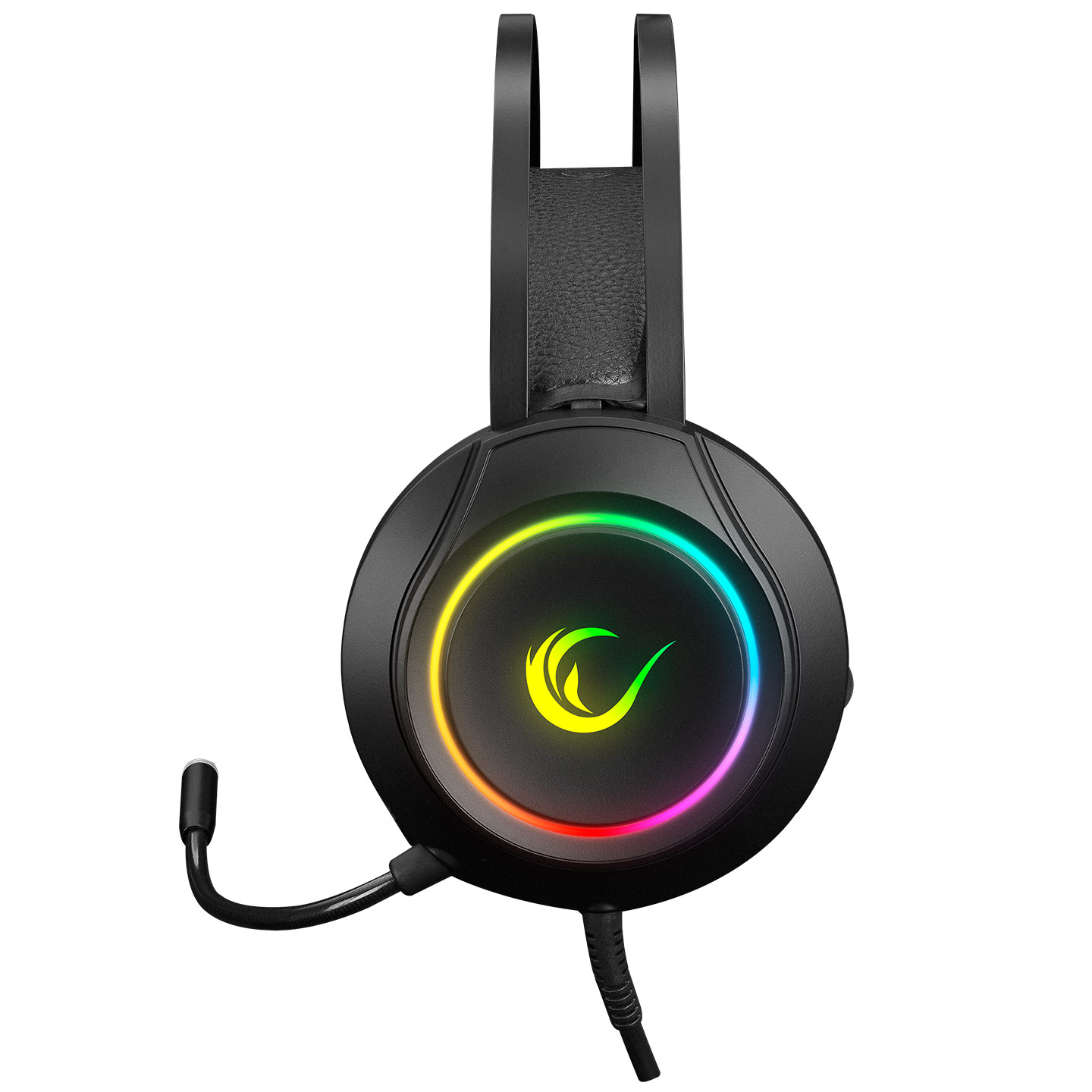 Kulaklıkların etrafında RGB aydınlatma ve bir mikrofon bulunan siyah oyun kulaklığı.