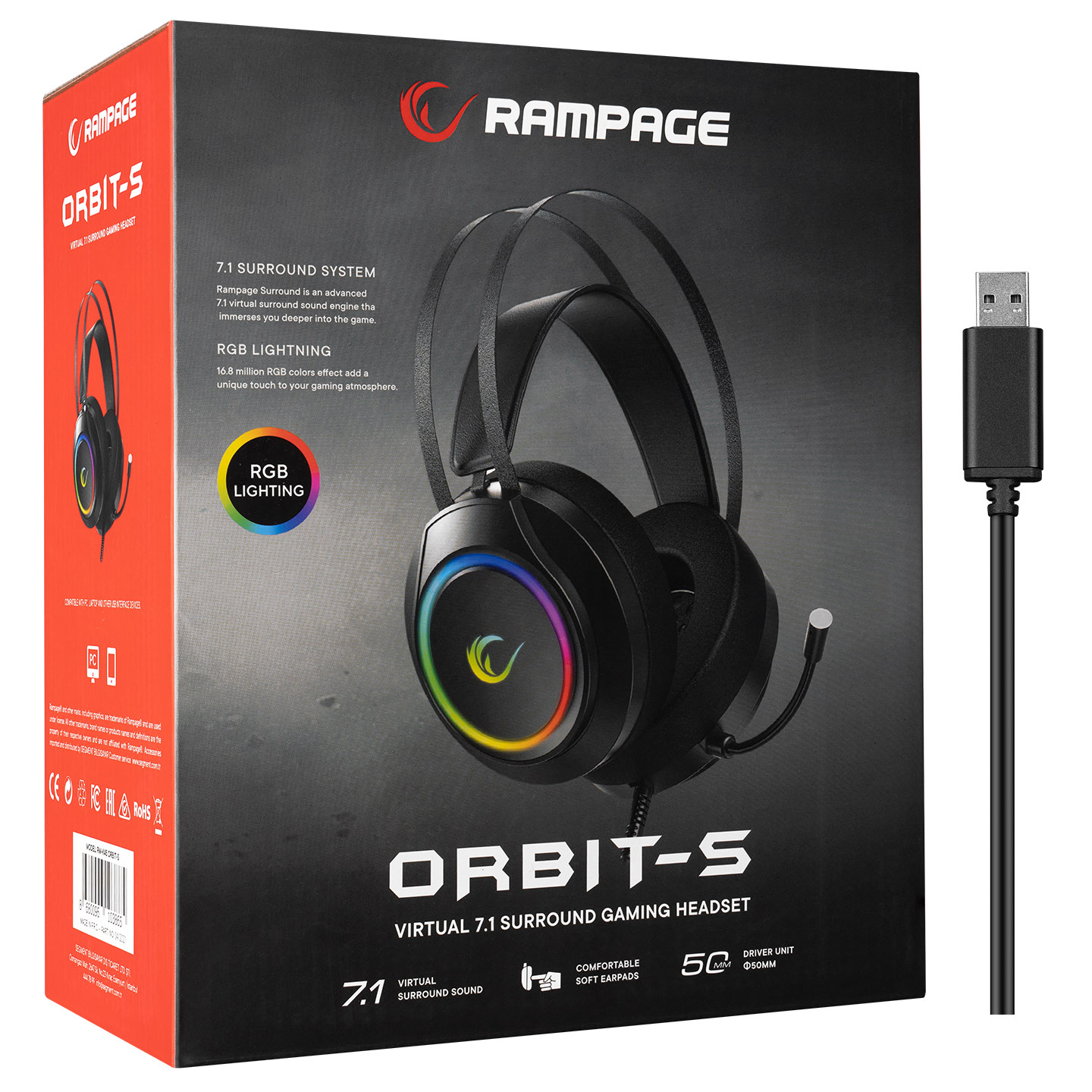 Rampage Orbit-S oyun kulaklığı kutusu, kulaklık ve kablo ile.