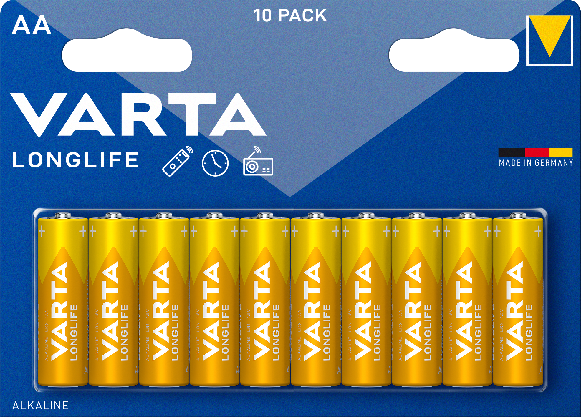 AA Varta Longlife elemek 10-es csomagban. Sárga elemek fehér és kék csomagolással.