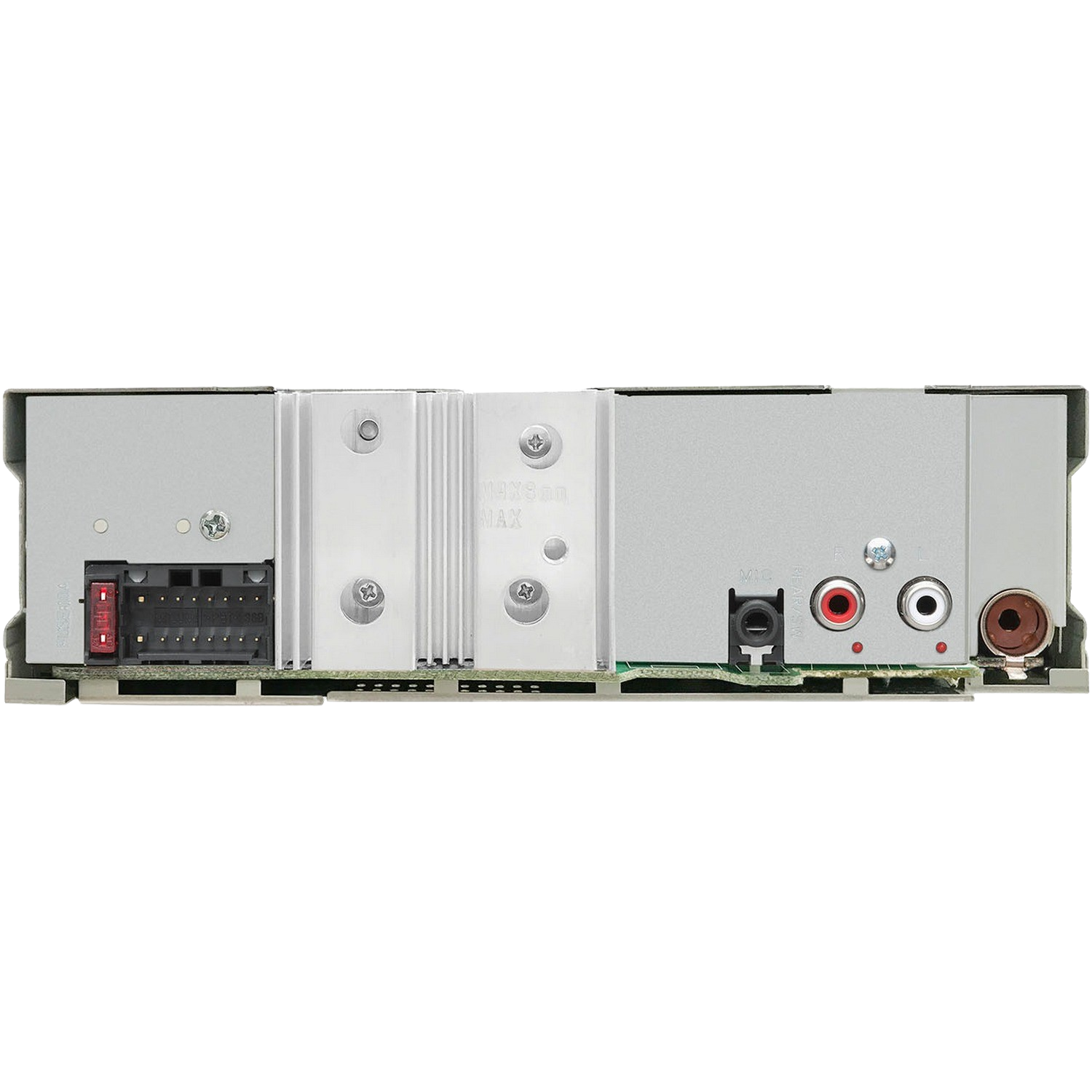 The back of a car stereo with various ports and connectors. Black background.