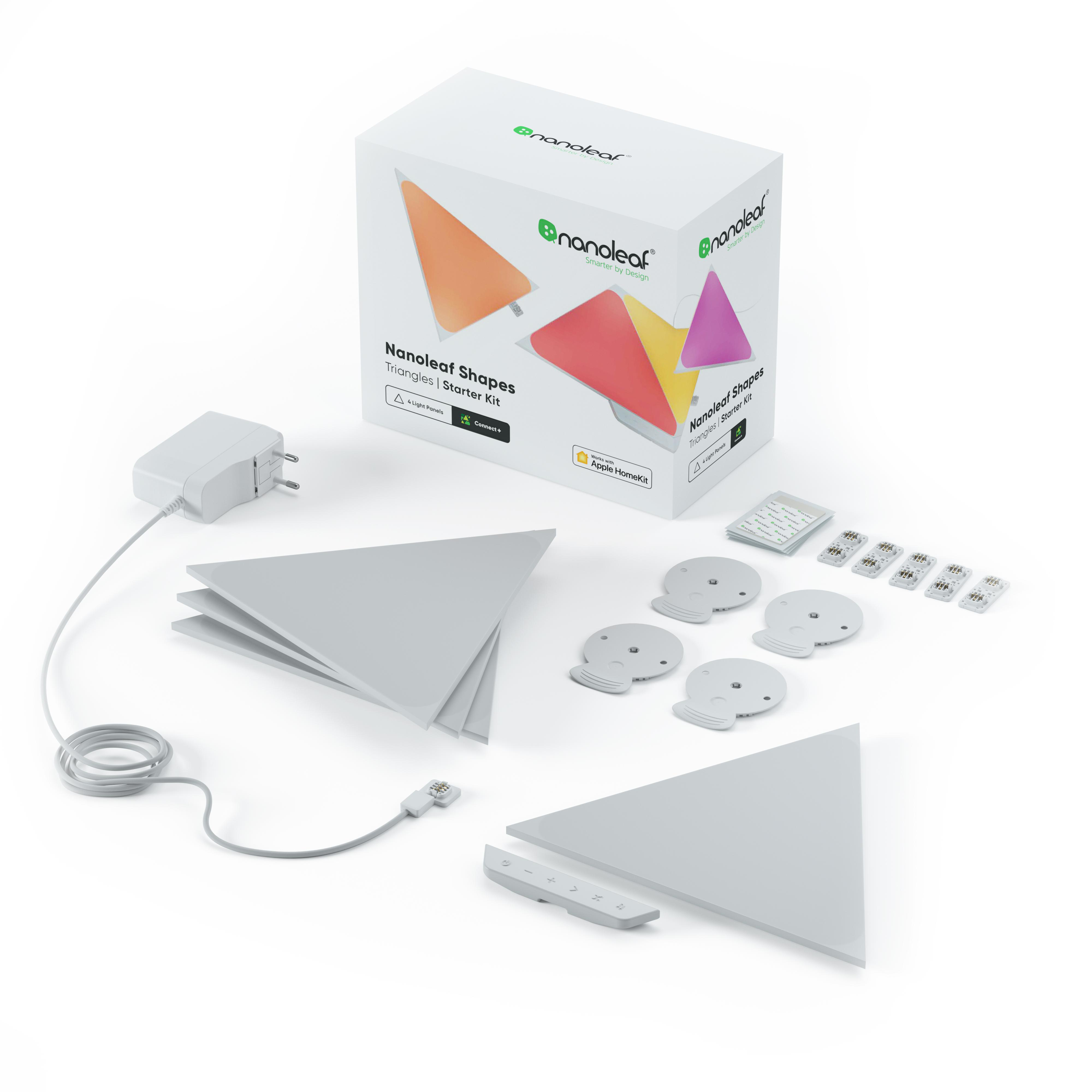 Weiße Box mit Nanoleaf Shapes, Dreiecken und Zubehör, auf weißem Hintergrund präsentiert.