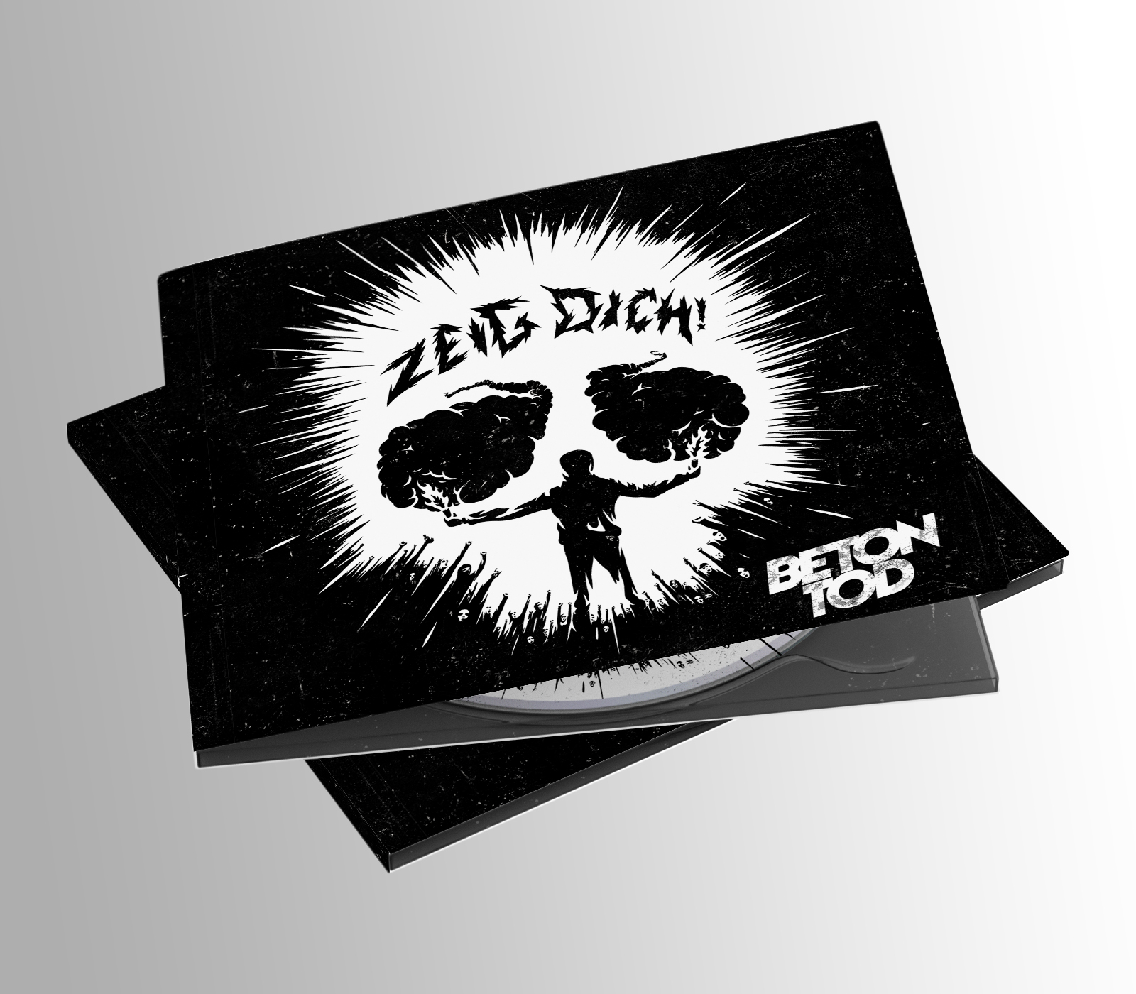 Eine CD-Hülle mit einem schwarz-weißen Cover. Es hat eine Grafik einer Person und ein Logo. Die Disc ist sichtbar.