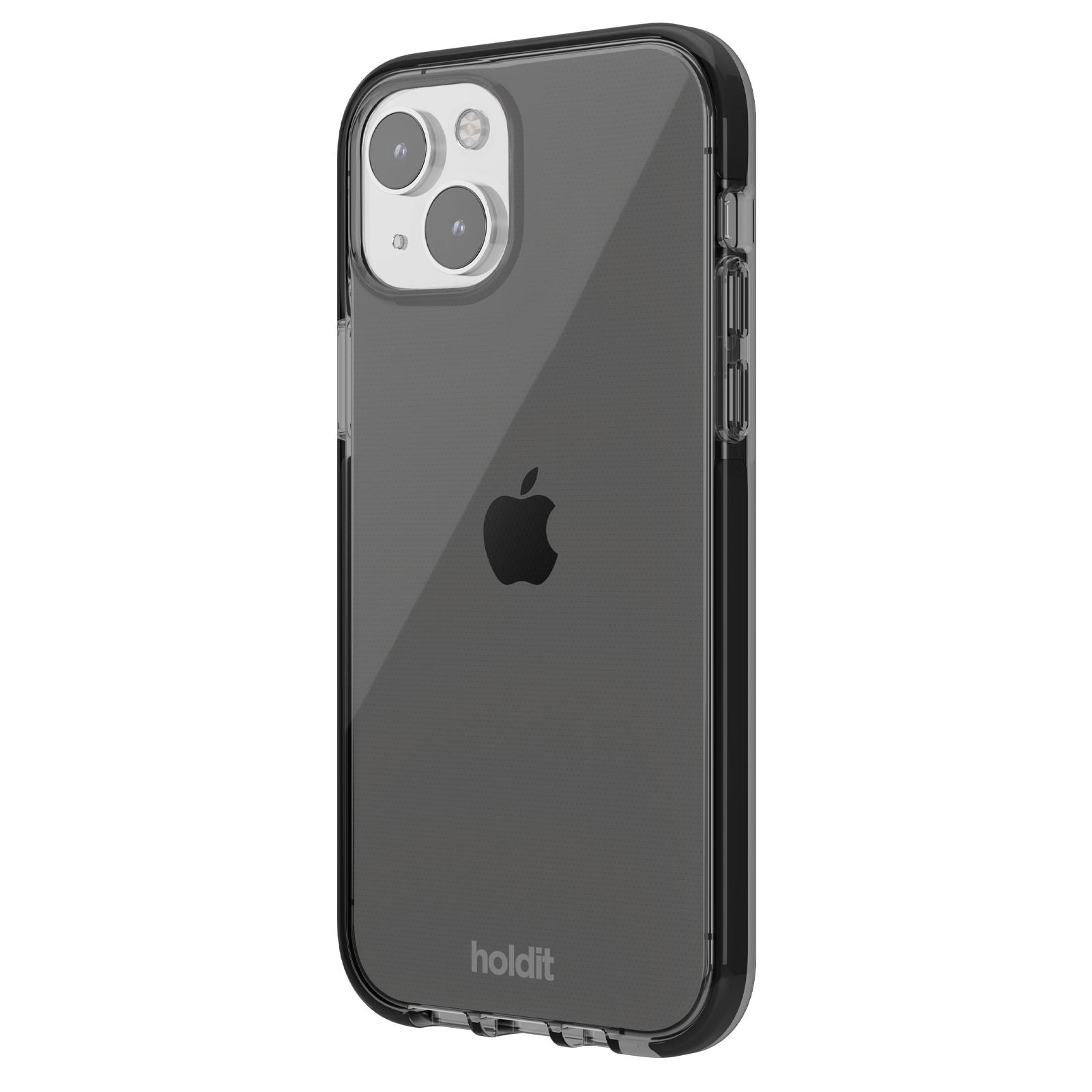 iPhone-Hülle mit durchsichtigem Rücken und schwarzen Rändern. Das Apple-Logo ist auf dem Telefon sichtbar.