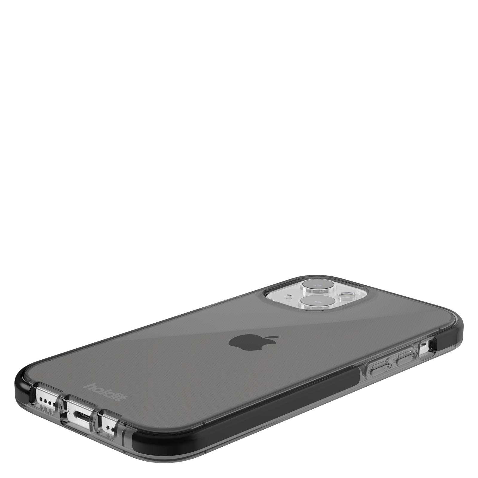 Schwarzes iPhone mit durchsichtiger Hülle, leicht angewinkelt, zeigt das Apple-Logo.