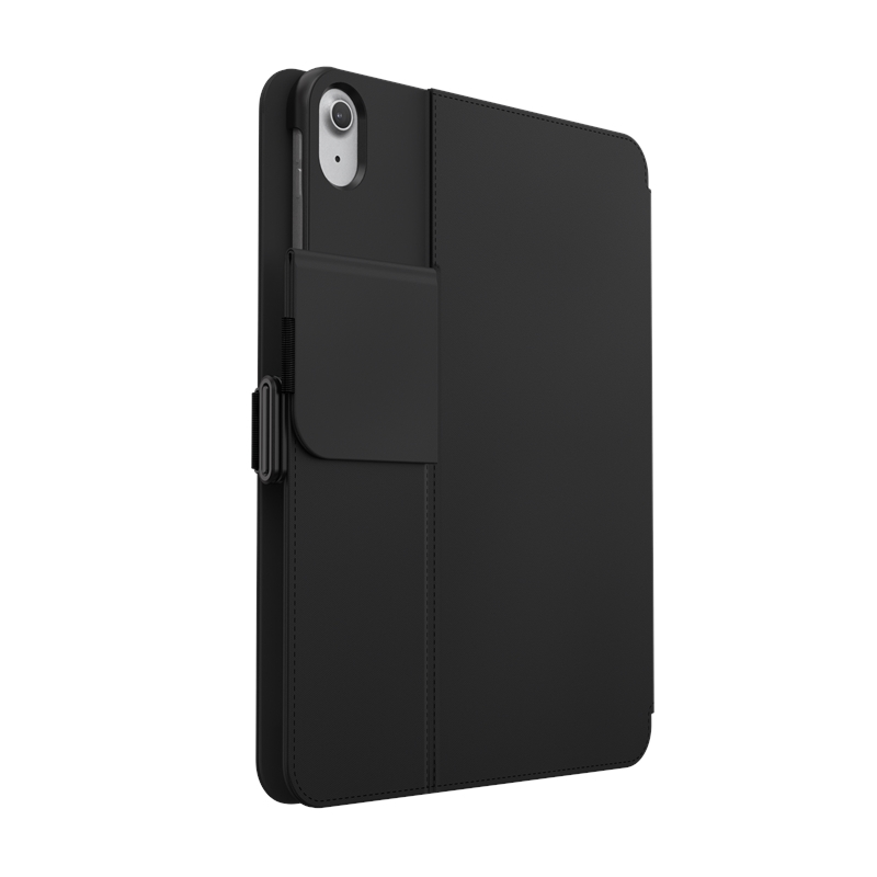 Fekete iPad tok tolltartóval és záró pánttal.