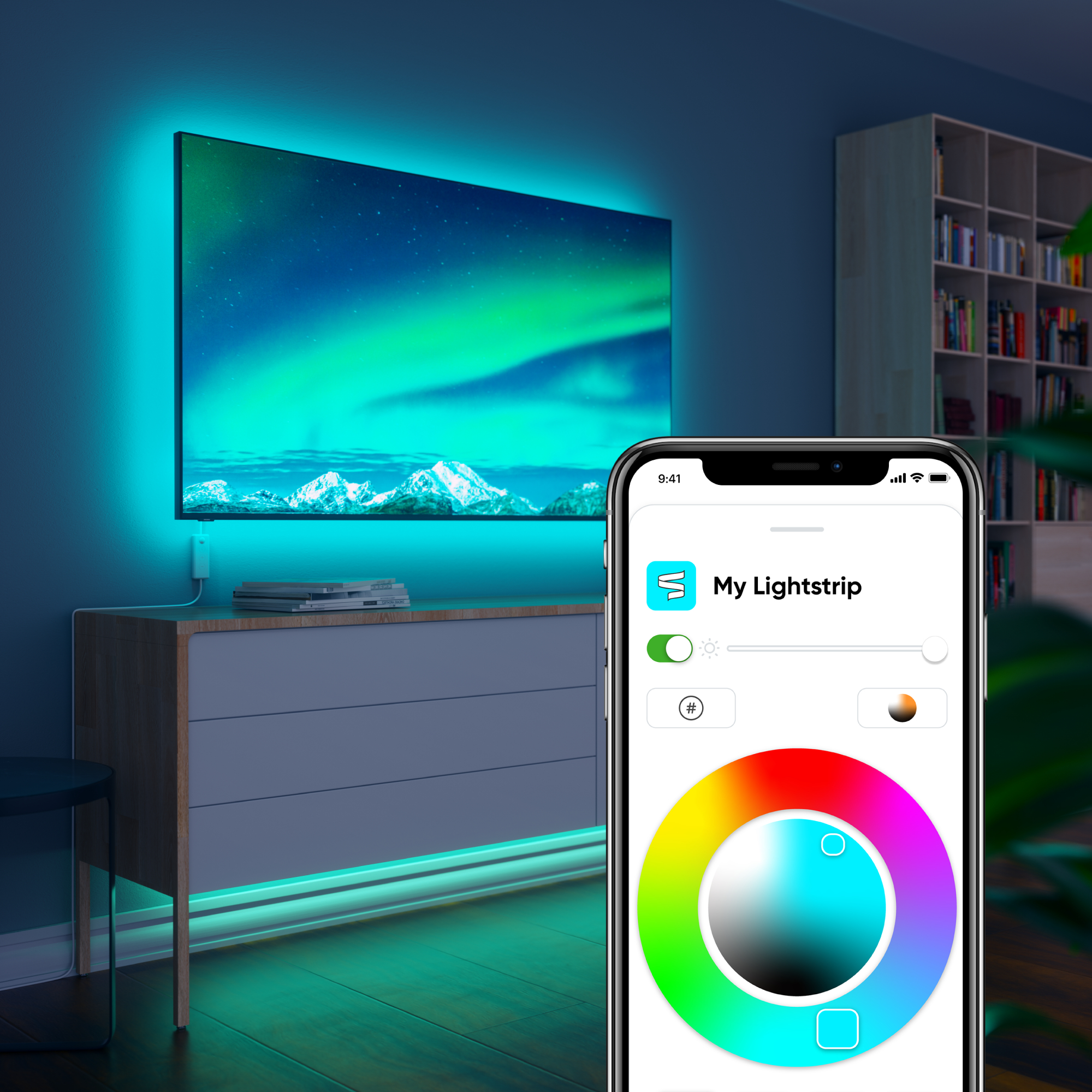 Ein Smart-Home-Setup. Ein Fernseher mit Lichtleiste und ein Telefon mit Farboptionen. Moderne Ästhetik.