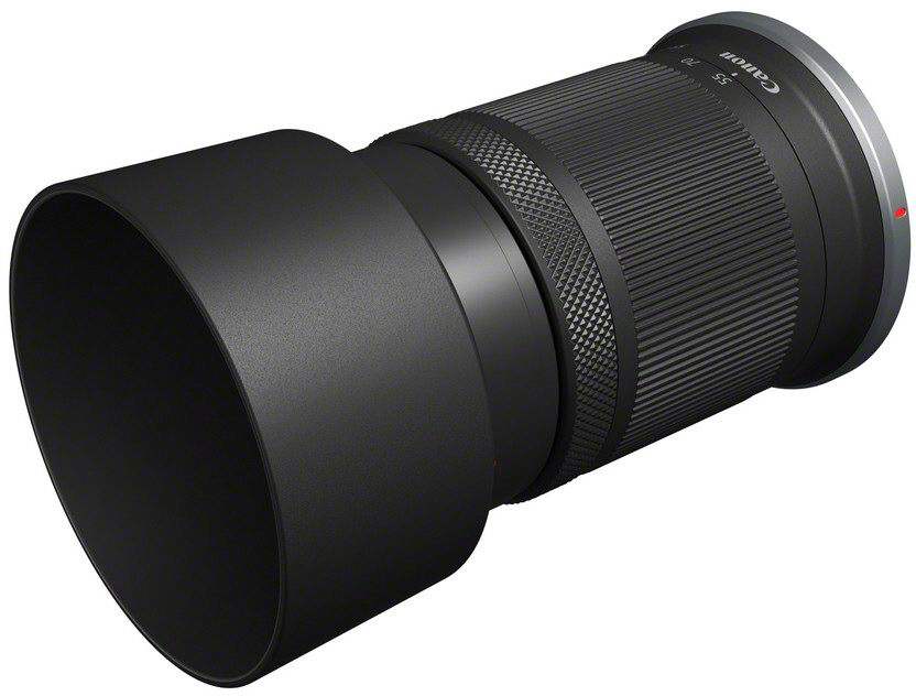 Canon-Objektiv mit Sonnenblende. Das Objektiv ist schwarz mit weißen Markierungen und einem silbernen Ring.