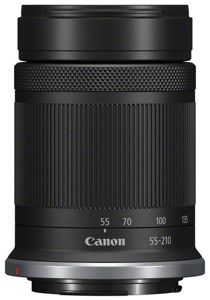 Ein Canon 55-210mm Kameraobjektiv, schwarz mit silbernen Akzenten, mit Brennweitenmarkierungen.