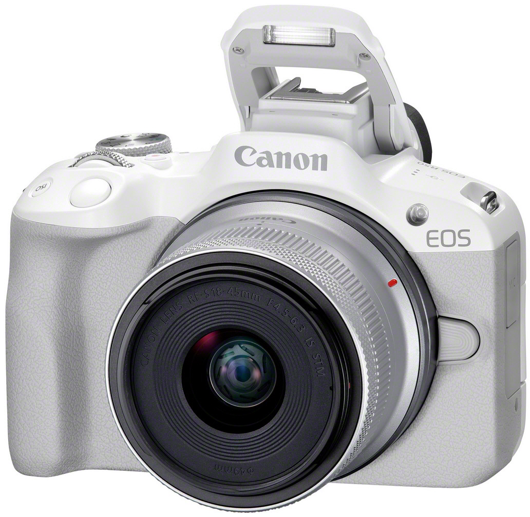 Eine weiße Canon-Kamera mit Objektiv und Pop-up-Blitz wird angezeigt.