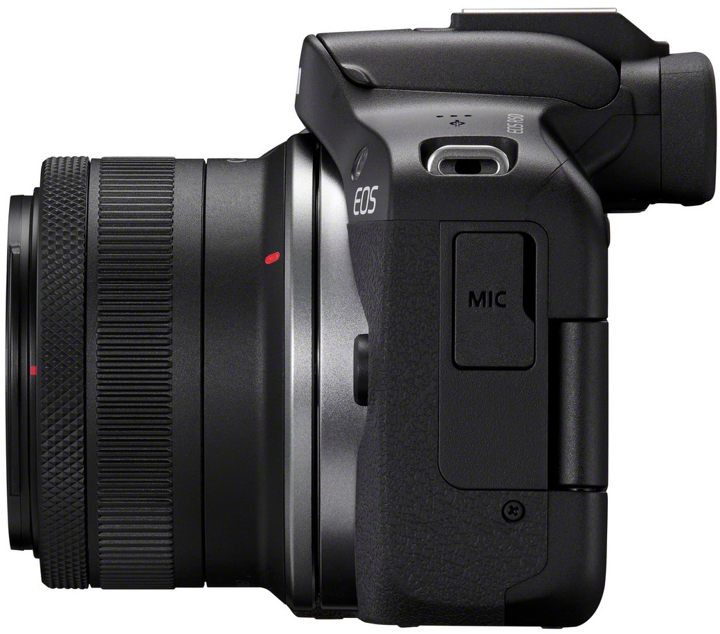 Eine schwarze Canon EOS Kamera, Seitenansicht, mit Objektiv und Mikrofonanschluss.