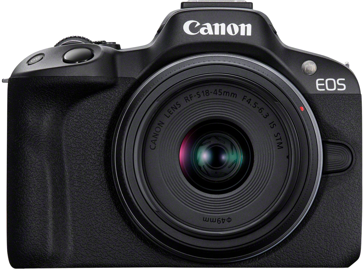 Eine schwarze Canon EOS Kamera mit einem Objektiv, auf dem Canon Lens RF-S18-45mm steht.
