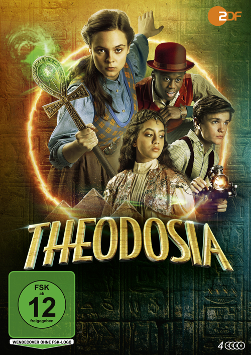 Theodosia-Filmcover mit vier Personen, einem Ankh und einem leuchtenden Hintergrund.