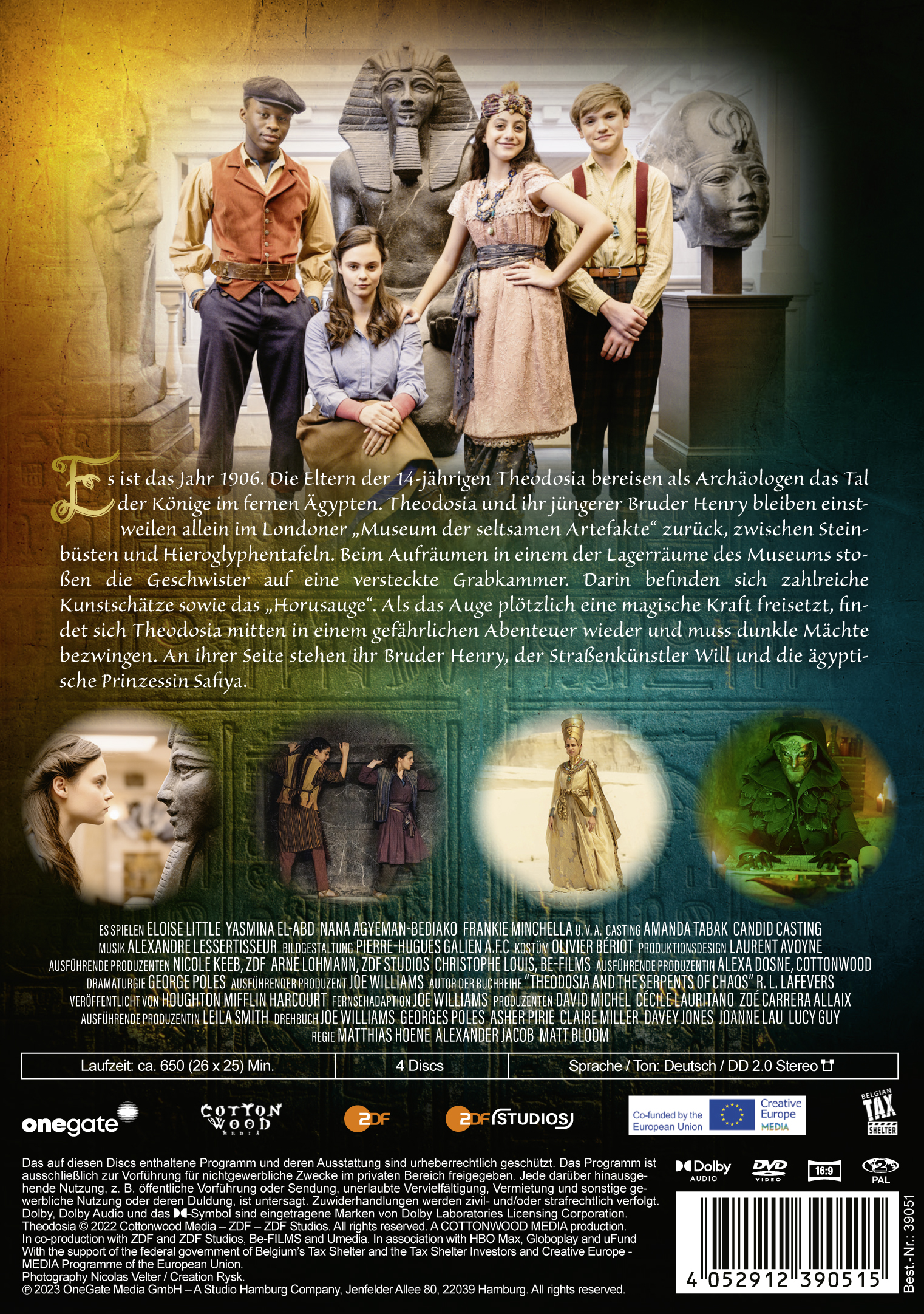 DVD-Rückseite. Gruppe von Leuten vor ägyptischen Statuen. Text auf Deutsch.