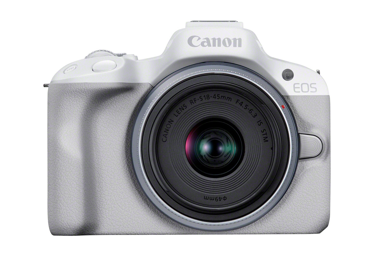 Weiße und graue Canon-Kamera mit Objektiv und EOS-Logo.