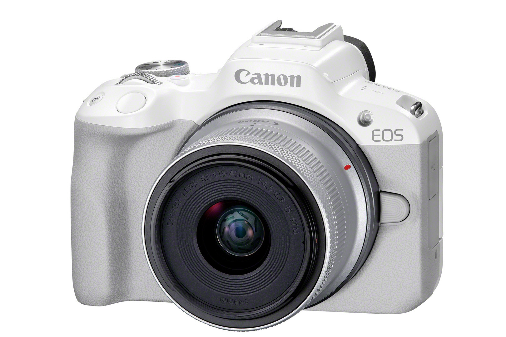 Eine weiß-graue Canon-Kamera mit Objektiv. Die Kamera befindet sich auf weißem Hintergrund.