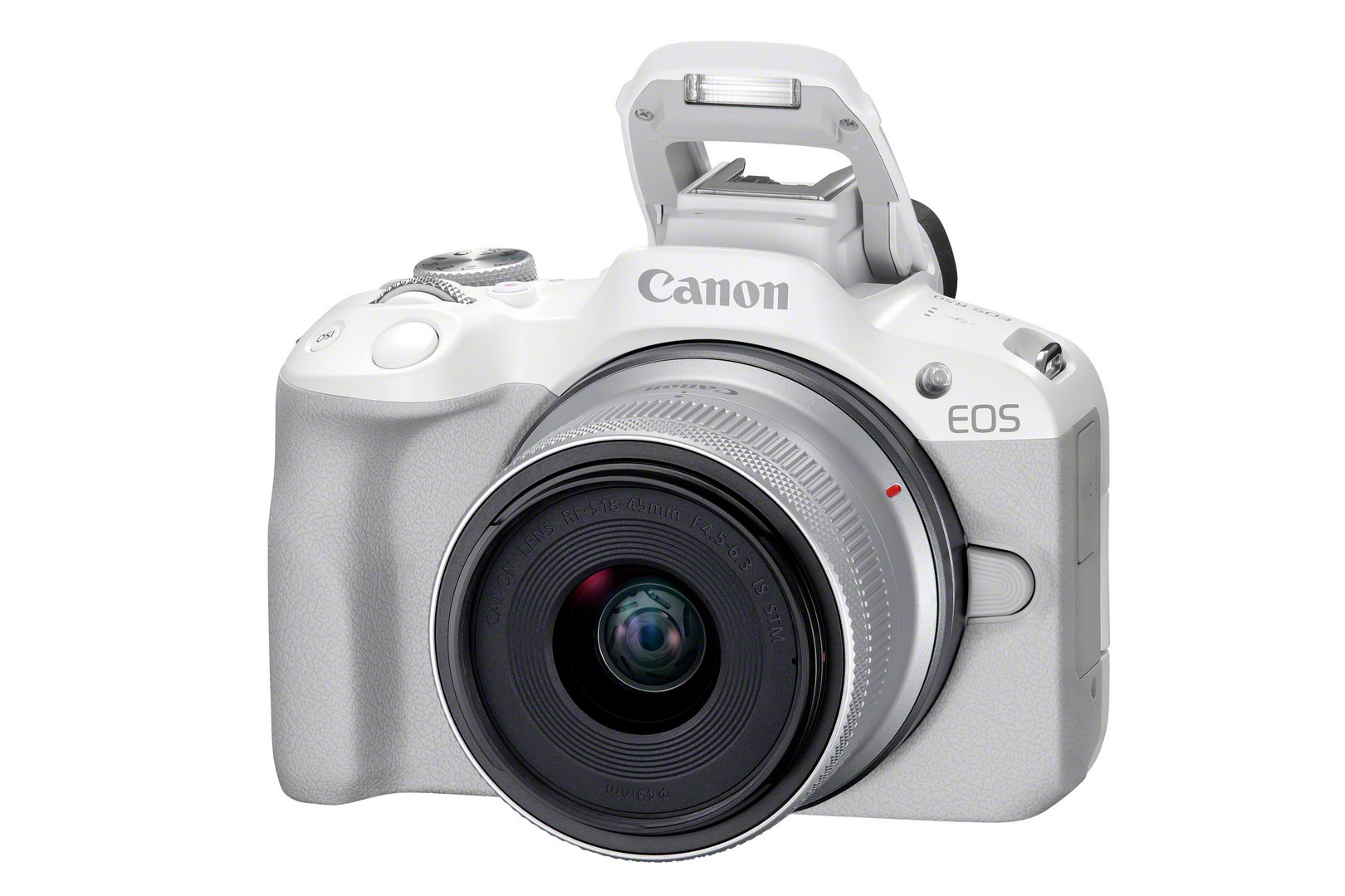 Weiße Canon EOS Kamera mit Objektiv, Blitz geöffnet. Isoliert. Weißer Körper, schwarzes Objektiv.