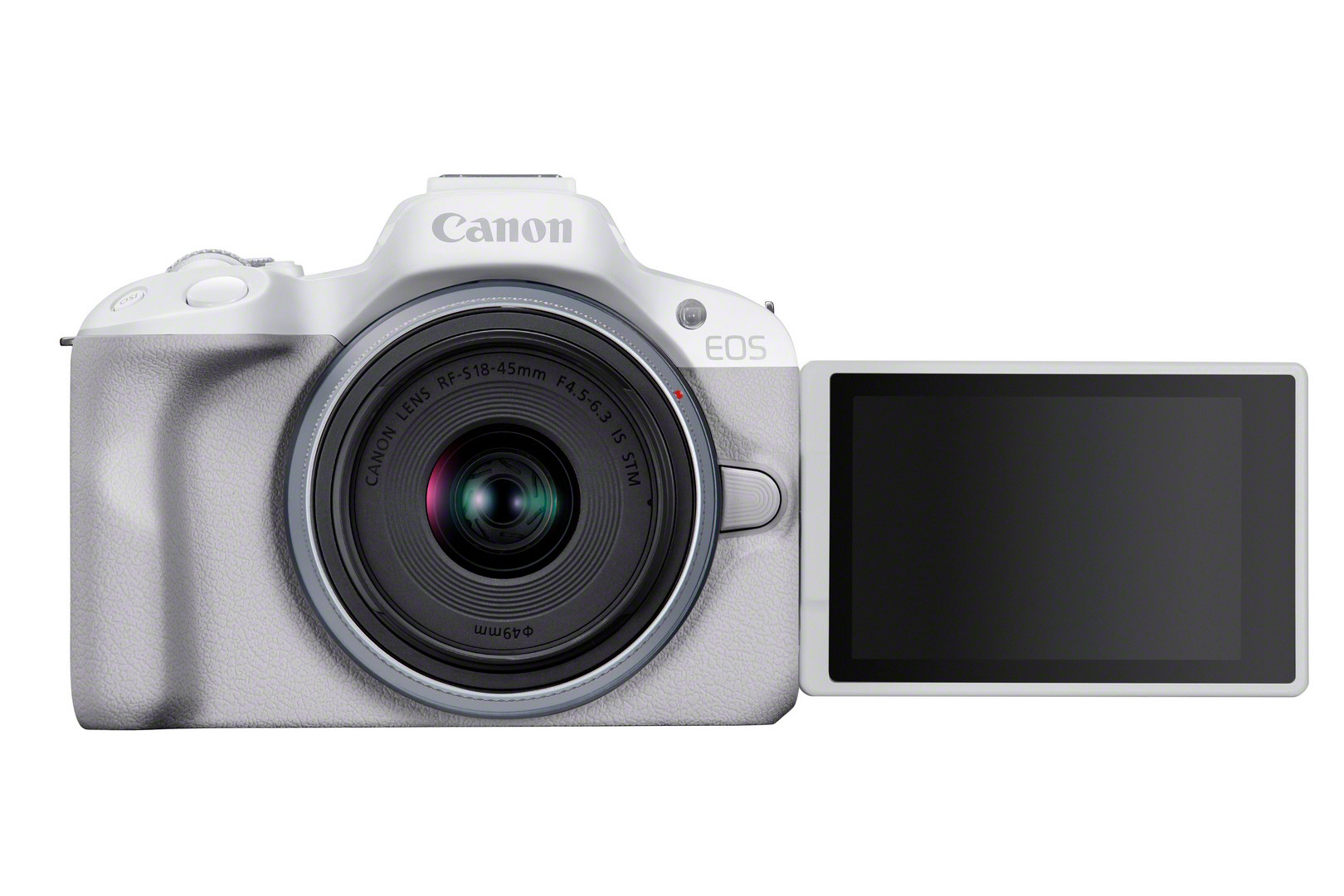 Eine weiße Canon EOS-Kamera mit Objektiv und Bildschirm. Das Objektiv ist vorne.