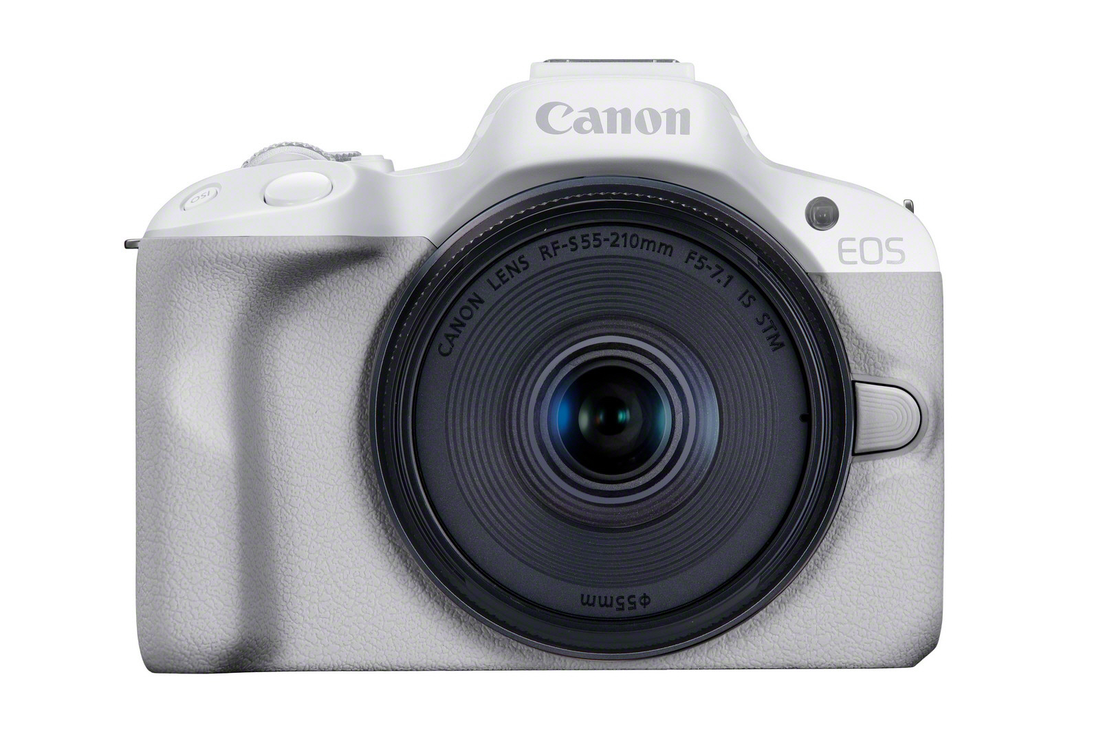 Weiße Canon EOS Kamera mit schwarzem Objektiv.