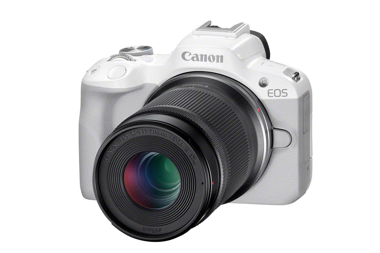 Eine weiße Canon EOS Kamera mit schwarzem Objektiv auf weißem Hintergrund.