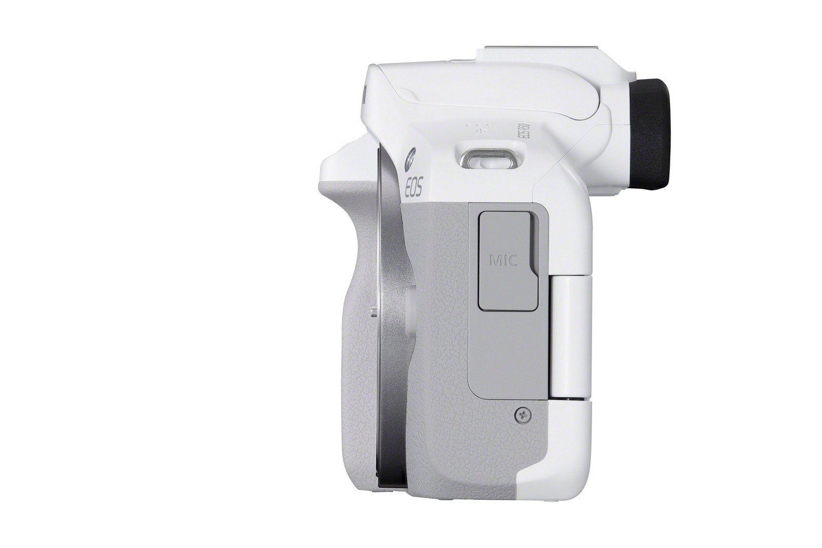 Ein weißer Canon EOS Kamerabody im Profil. Es zeigt den Griff, den MIC-Anschluss und das EOS-Logo.