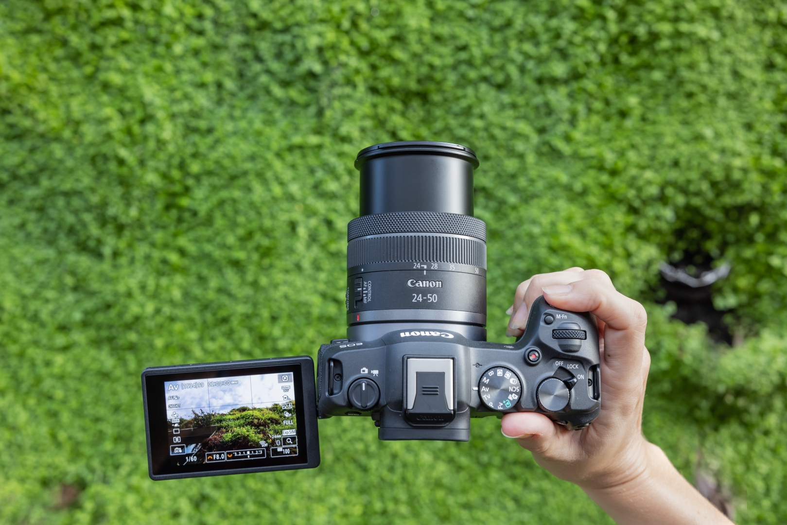 Canon Kamera mit Objektiv, Bildschirm offen, von Hand gehalten, grüner Hintergrund.