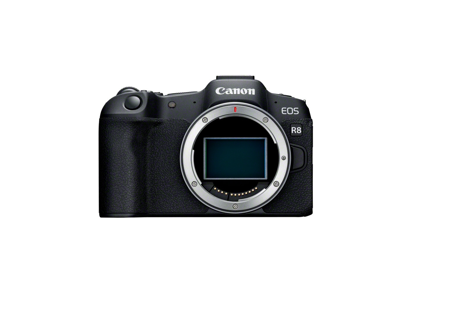 Eine schwarze Canon EOS R8 Kamera auf weißem Hintergrund, die das Objektivbajonett zeigt.