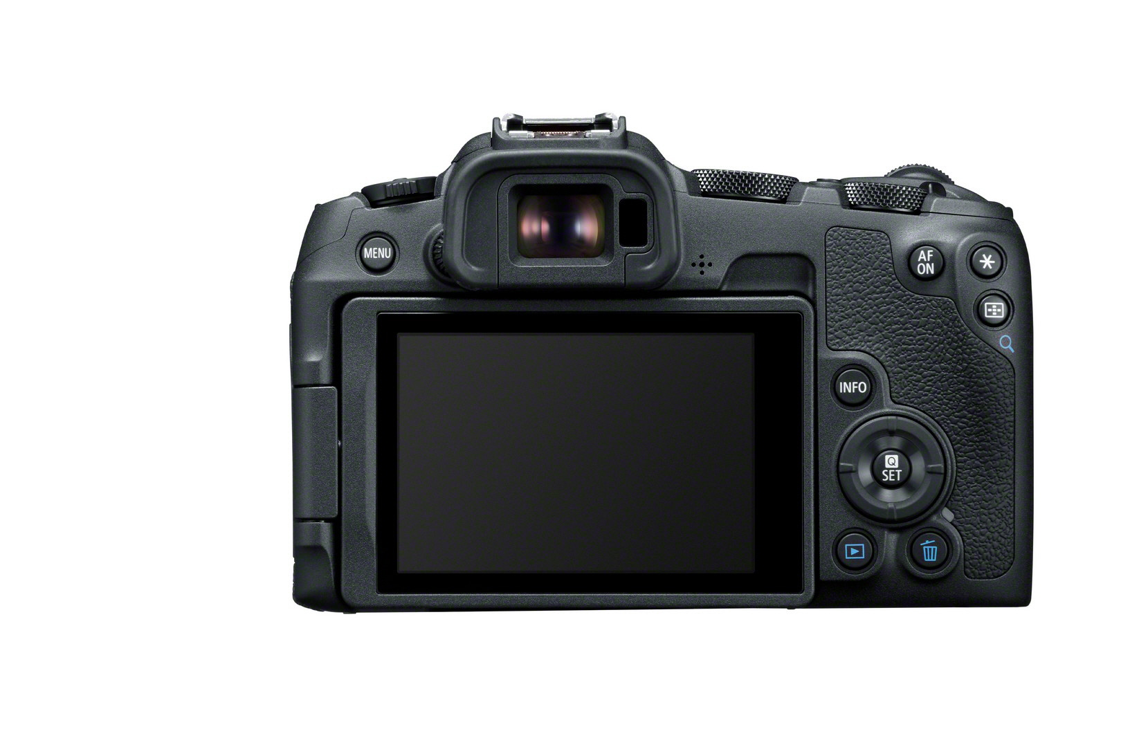 Rückansicht einer Canon EOS Kamera, mit Bildschirm, Knöpfen und Sucher.