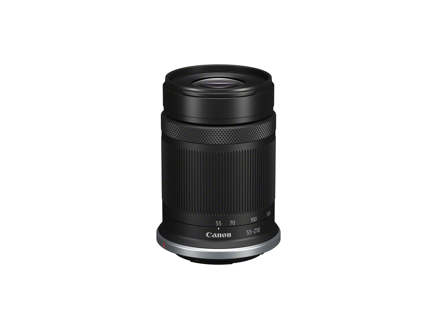 Schwarzes Canon 55-210 Objektiv mit Fokusentfernungsmarkierungen und Canon-Logo.