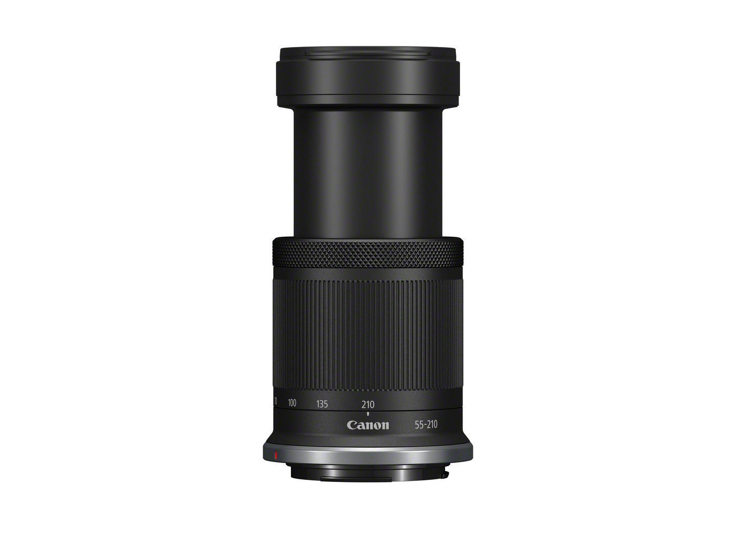 Ein Canon 55-210mm Kameraobjektiv, schwarz, mit Brennweitenmarkierungen.