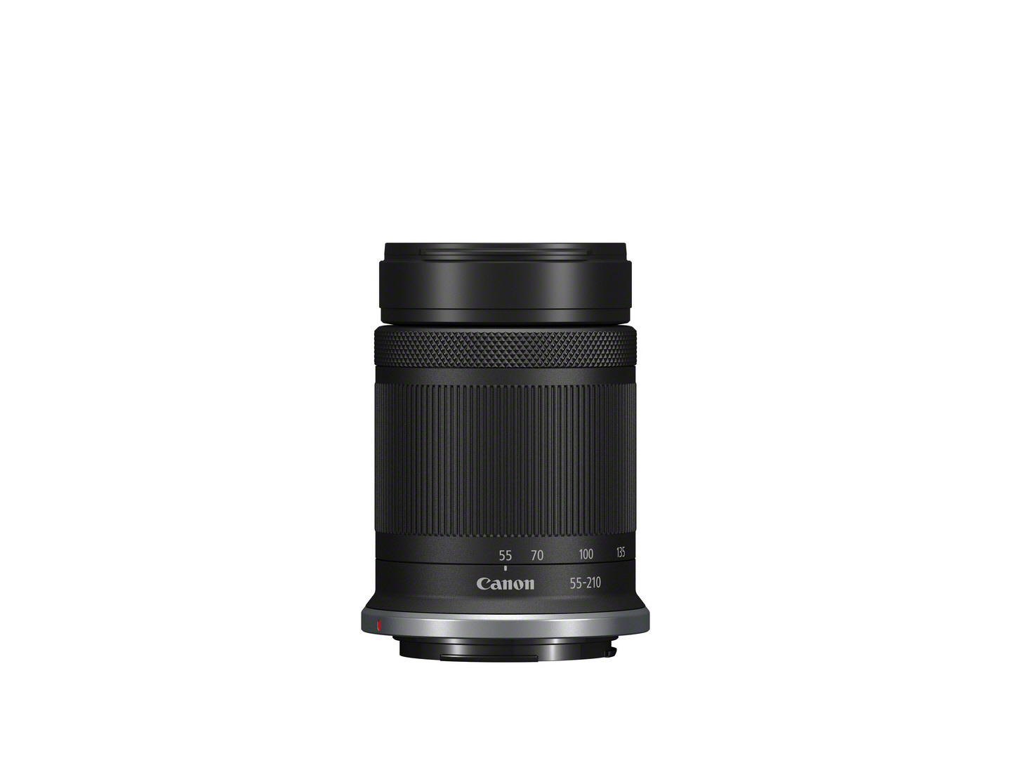 Ein schwarzes Kameraobjektiv mit Canon 55-210 an der Seite, weißer Hintergrund.