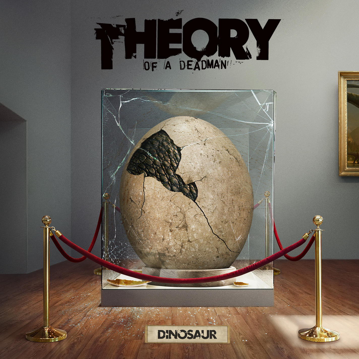 Albumcover mit einem zerbrochenen Ei in einer Museumsvitrine. Die Band ist 'Theory of a Deadman'.
