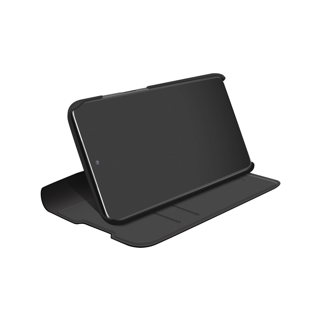Schwarzes Tablet in Hülle, schräge Ansicht, teilweise geöffnet.