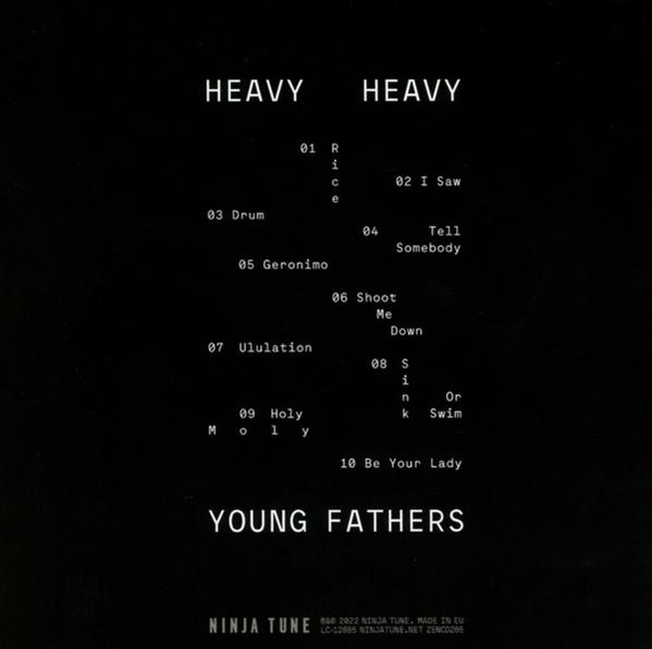 Le dos d'un album Heavy avec texte, liste des titres et le logo Young Fathers.