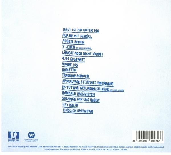 Rückseite eines blauen Albums mit einer weißen Titelliste, auf hellblauem Hintergrund.