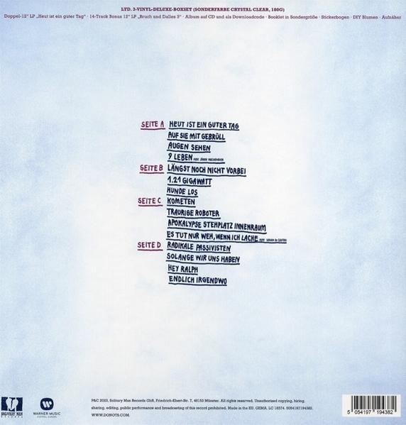 Schallplattenhülle mit Titelliste und Künstlerinformationen, blauer Hintergrund.